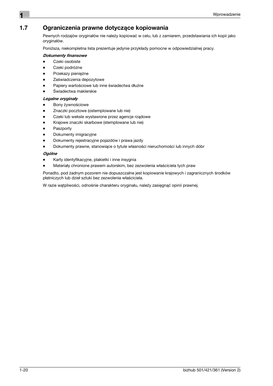 7 ograniczenia prawne dotycz¶ce kopiowania, Ograniczenia prawne dotyczące kopiowania -20, 7 ograniczenia prawne dotyczące kopiowania | Konica Minolta bizhub 501 User Manual | Page 26 / 288