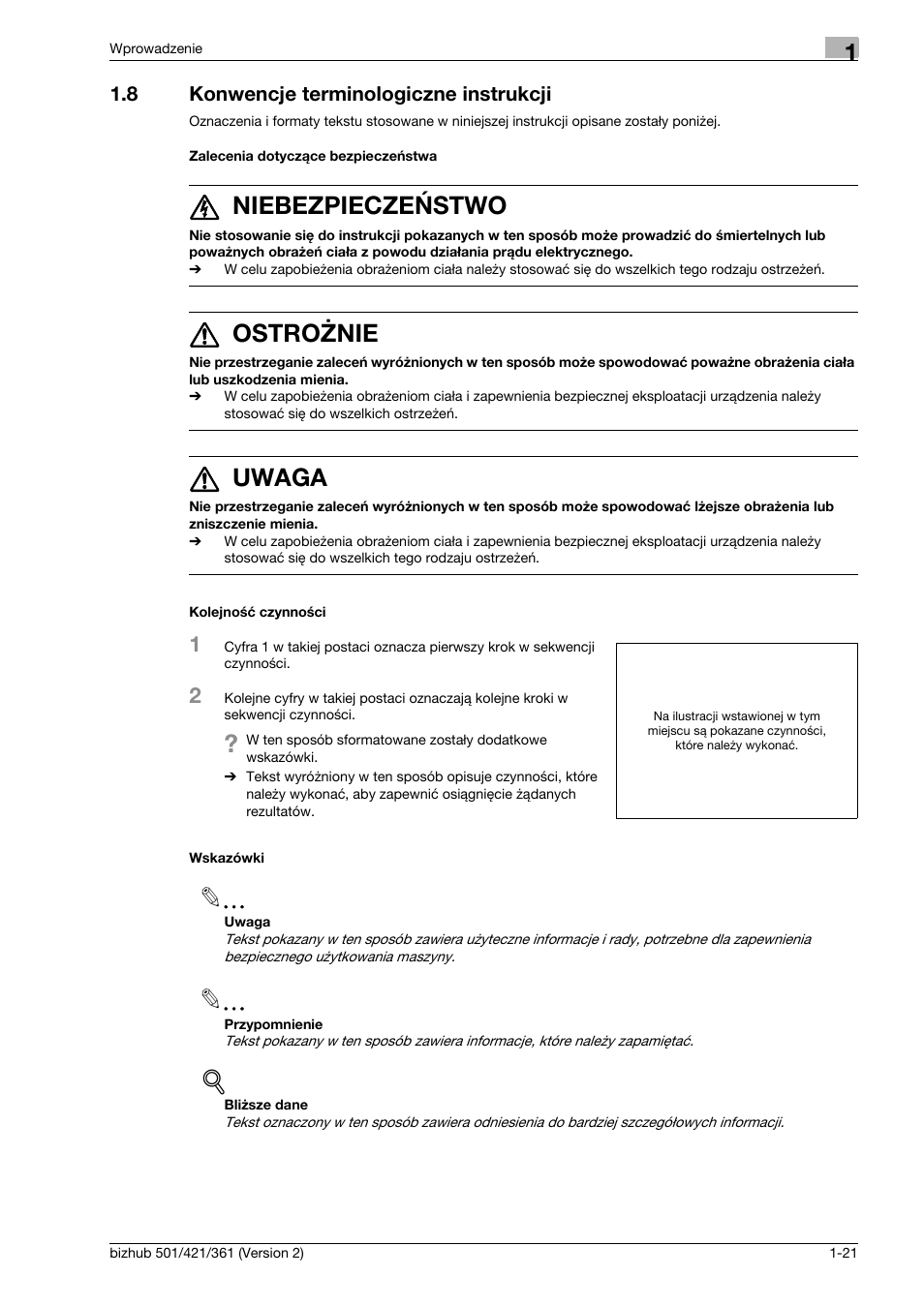 8 konwencje terminologiczne instrukcji, Zalecenia dotycz¶ce bezpieczeñstwa, Kolejnoœæ czynnoœci | Wskazówki, Konwencje terminologiczne instrukcji -21, 6 niebezpieczeństwo, 7 ostrożnie, 7 uwaga | Konica Minolta bizhub 501 User Manual | Page 27 / 288