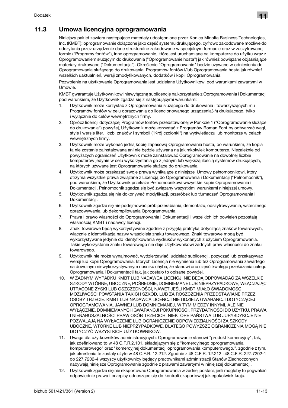 3 umowa licencyjna oprogramowania, Umowa licencyjna oprogramowania -13 | Konica Minolta bizhub 501 User Manual | Page 283 / 288