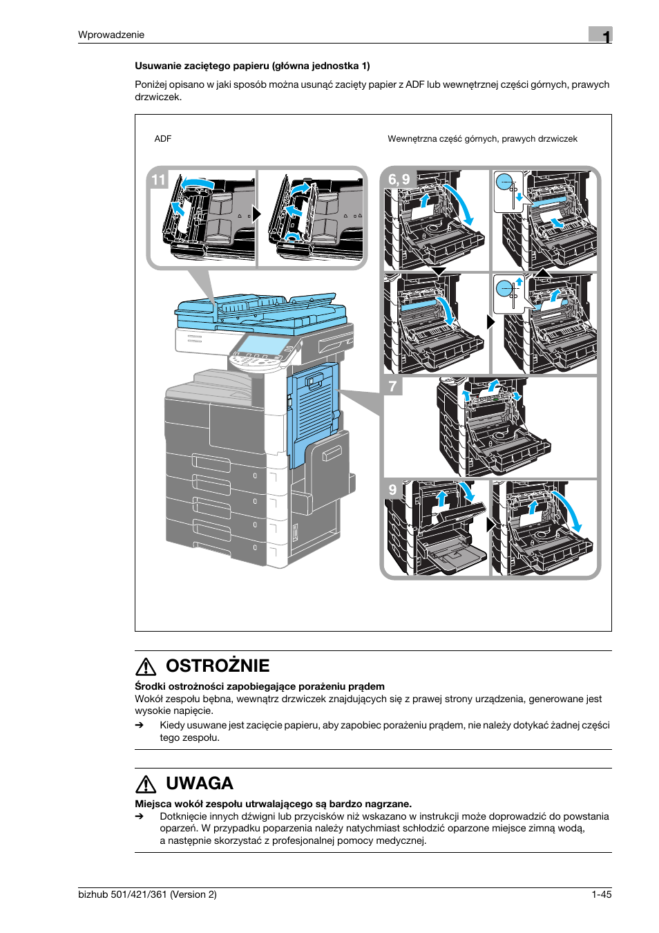 Usuwanie zaciêtego papieru (g¸ówna jednostka 1), 7 ostrożnie, 7 uwaga | Konica Minolta bizhub 501 User Manual | Page 51 / 288