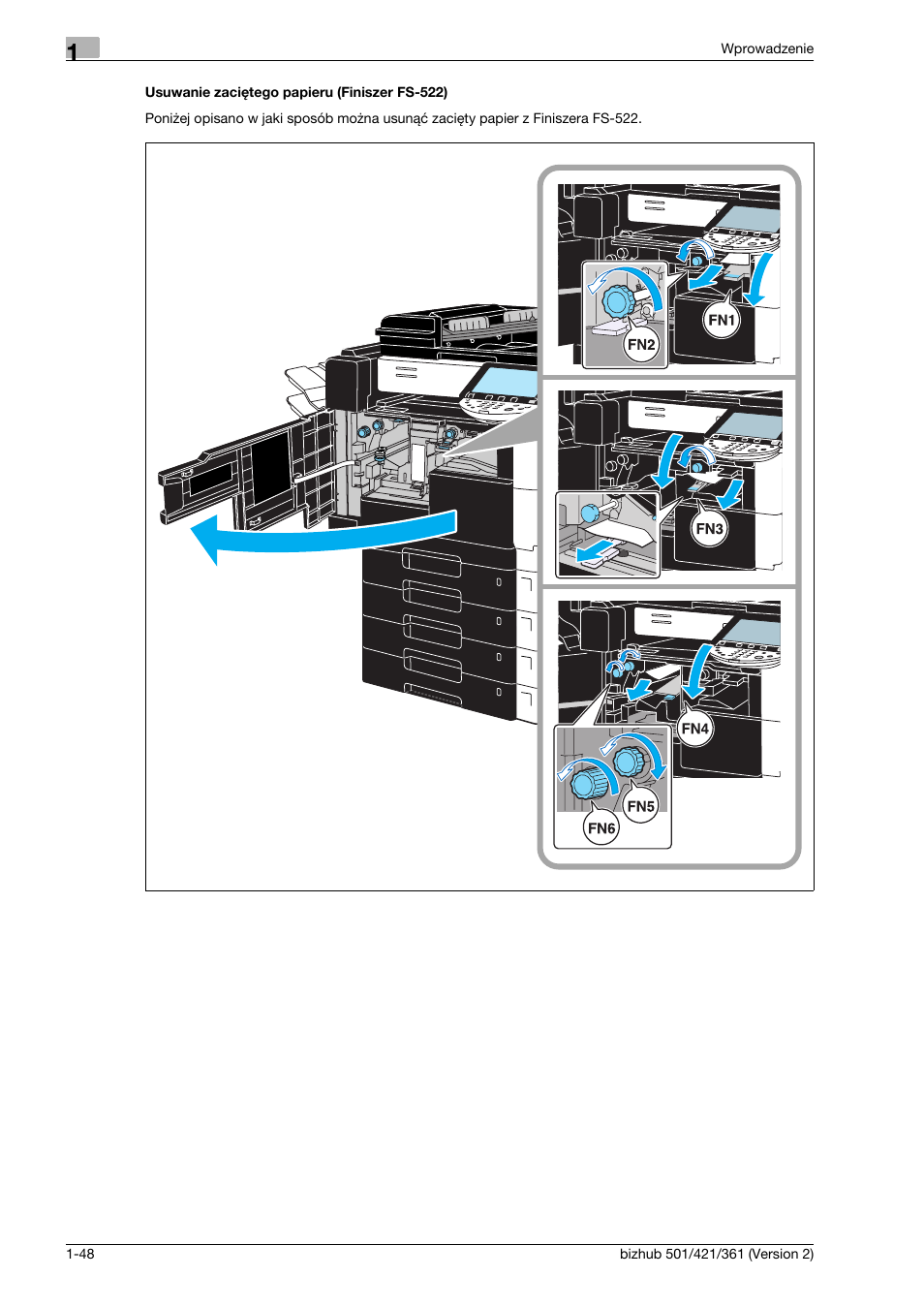 Usuwanie zaciêtego papieru (finiszer fs-522) | Konica Minolta bizhub 501 User Manual | Page 54 / 288