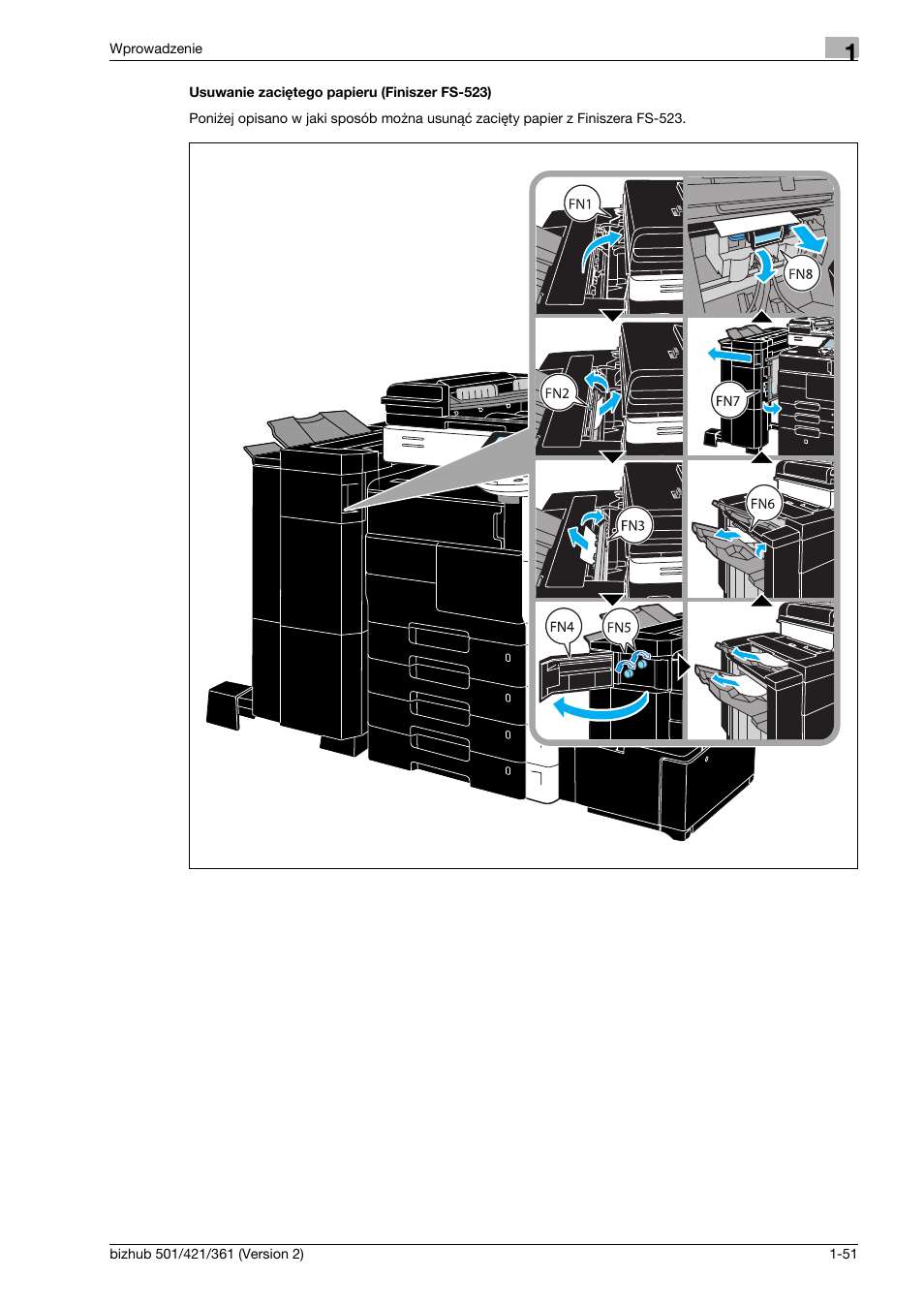 Usuwanie zaciêtego papieru (finiszer fs-523) | Konica Minolta bizhub 501 User Manual | Page 57 / 288