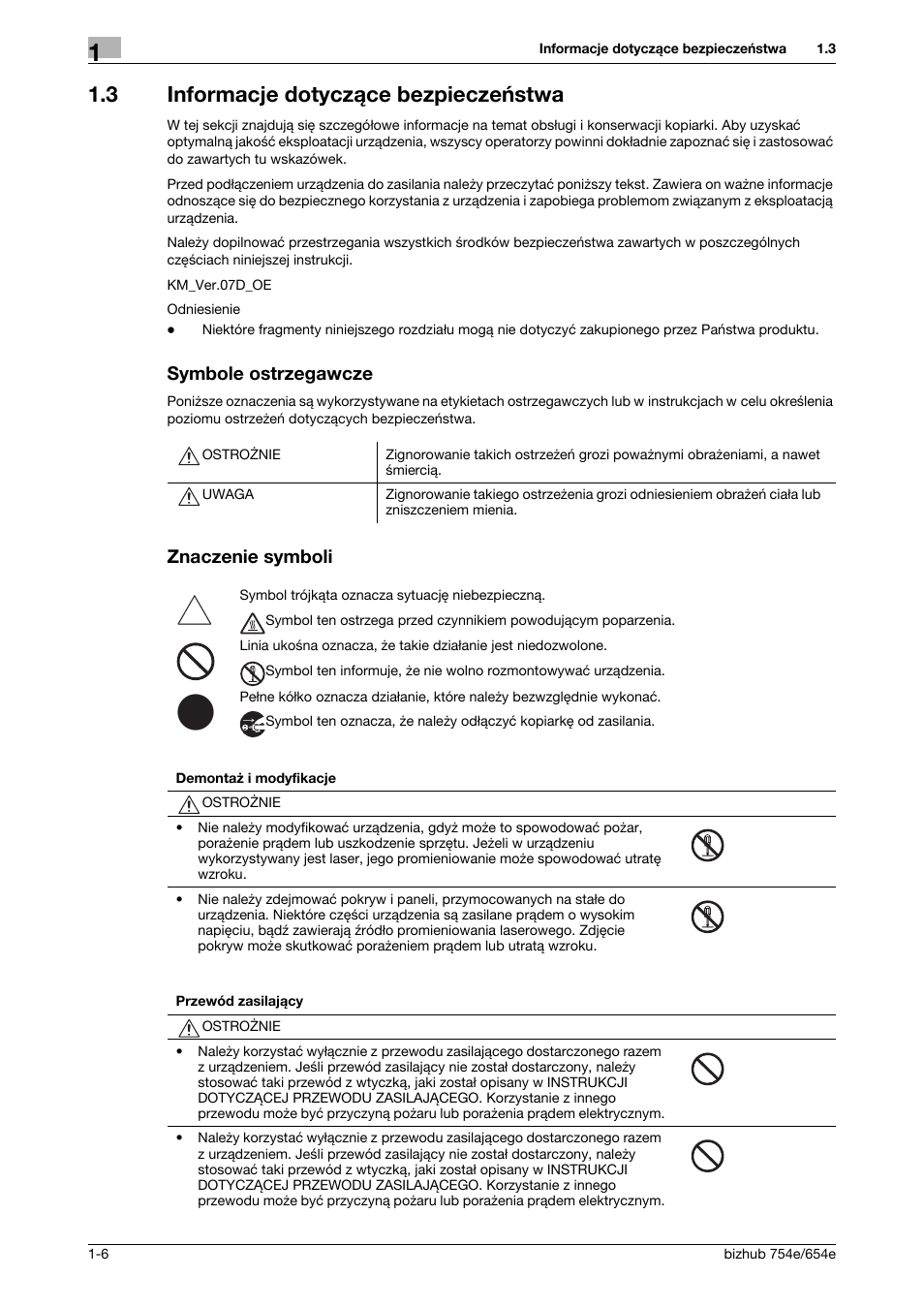 3 informacje dotyczące bezpieczeństwa, Symbole ostrzegawcze, Znaczenie symboli | Informacje dotyczące bezpieczeństwa -6 | Konica Minolta bizhub 754e User Manual | Page 10 / 170