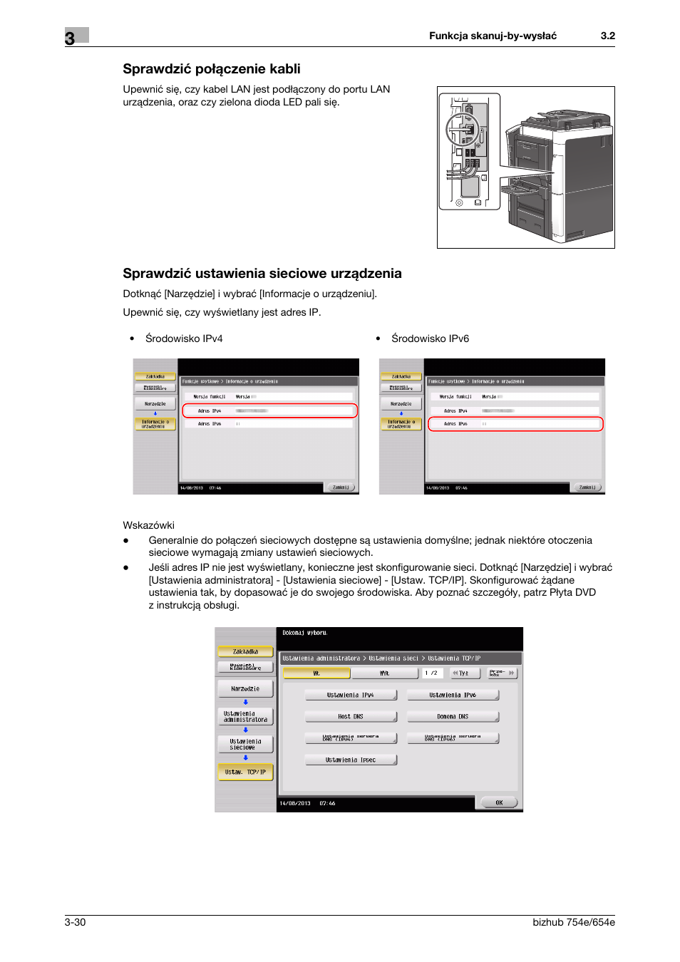 Sprawdzić połączenie kabli, Sprawdzić ustawienia sieciowe urządzenia | Konica Minolta bizhub 754e User Manual | Page 102 / 170