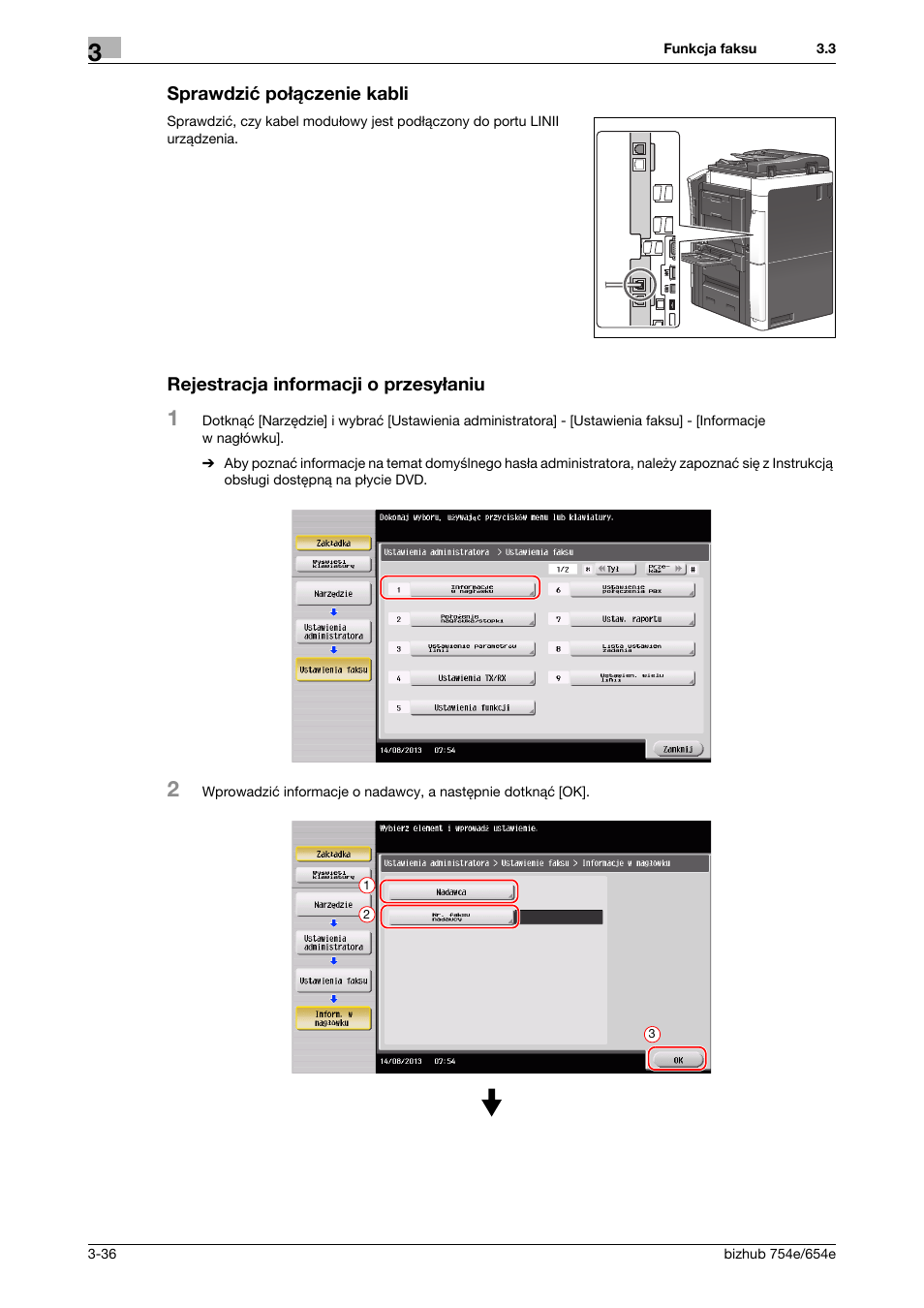 Sprawdzić połączenie kabli, Rejestracja informacji o przesyłaniu | Konica Minolta bizhub 754e User Manual | Page 108 / 170