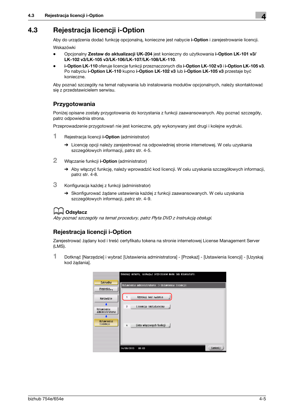 3 rejestracja licencji i-option, Przygotowania, Rejestracja licencji i-option | Rejestracja licencji i-option -5 | Konica Minolta bizhub 754e User Manual | Page 147 / 170