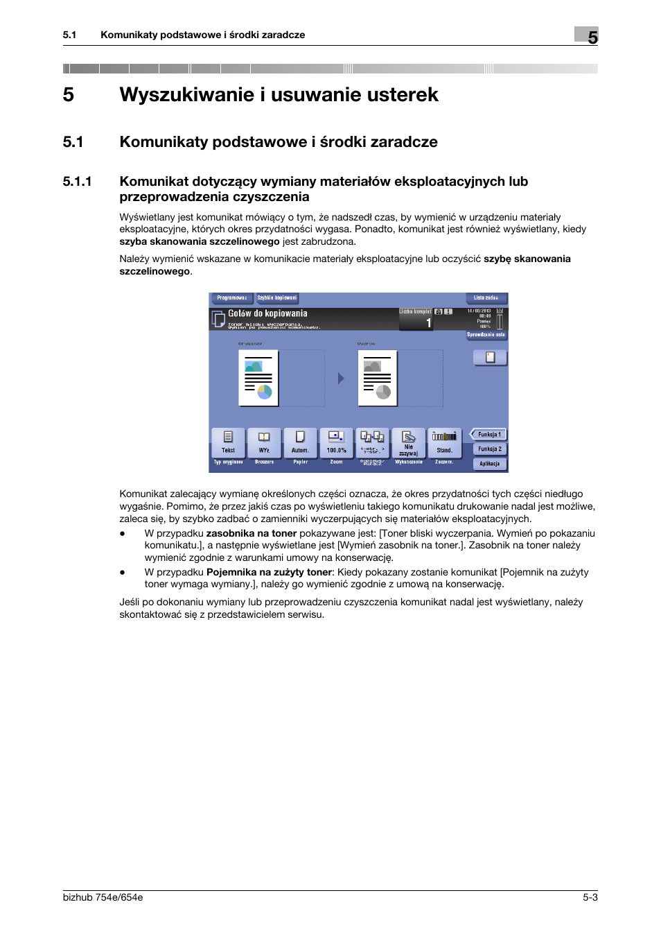 5 wyszukiwanie i usuwanie usterek, 1 komunikaty podstawowe i środki zaradcze, Wyszukiwanie i usuwanie usterek | Komunikaty podstawowe i środki zaradcze -3, 5wyszukiwanie i usuwanie usterek | Konica Minolta bizhub 754e User Manual | Page 155 / 170