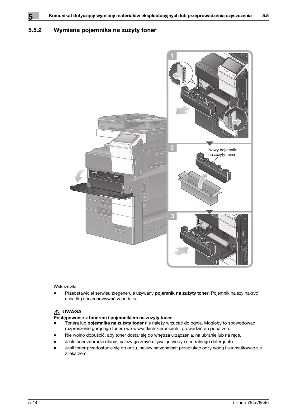 2 wymiana pojemnika na zużyty toner, Wymiana pojemnika na zużyty toner -14 | Konica Minolta bizhub 754e User Manual | Page 166 / 170