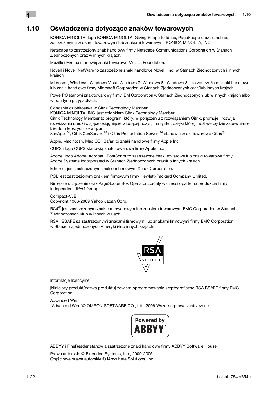 10 oświadczenia dotyczące znaków towarowych, Oświadczenia dotyczące znaków towarowych -22 | Konica Minolta bizhub 754e User Manual | Page 26 / 170