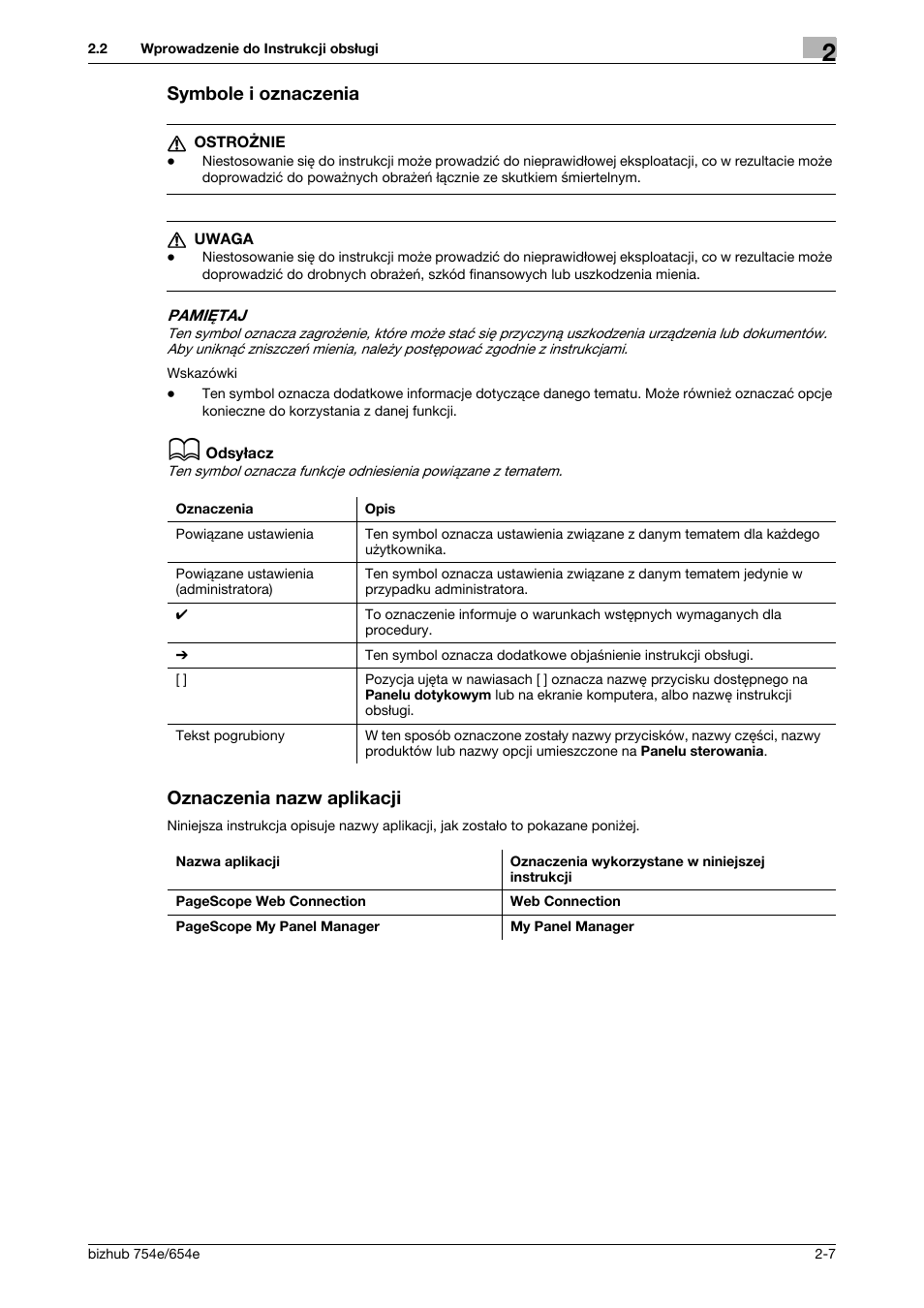 Symbole i oznaczenia, Oznaczenia nazw aplikacji | Konica Minolta bizhub 754e User Manual | Page 37 / 170