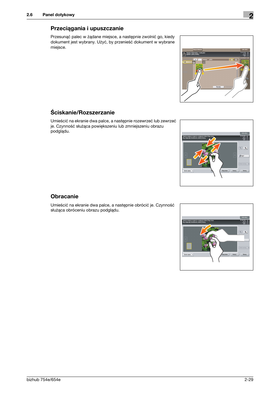 Przeciągania i upuszczanie, Ściskanie/rozszerzanie, Obracanie | Konica Minolta bizhub 754e User Manual | Page 59 / 170