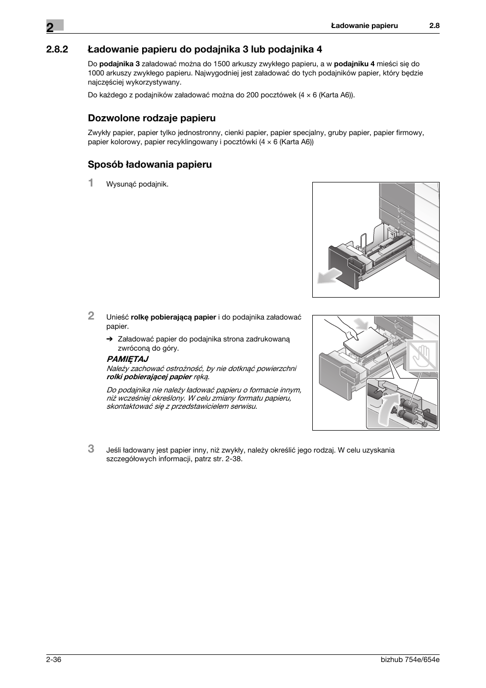 2 ładowanie papieru do podajnika 3 lub podajnika 4, Dozwolone rodzaje papieru, Sposób ładowania papieru | Konica Minolta bizhub 754e User Manual | Page 66 / 170