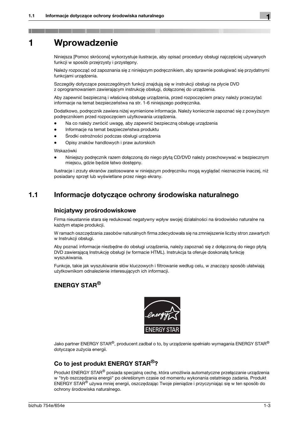 1 wprowadzenie, Inicjatywy prośrodowiskowe, Energy star | Co to jest produkt energy star, Wprowadzenie, 1wprowadzenie | Konica Minolta bizhub 754e User Manual | Page 7 / 170