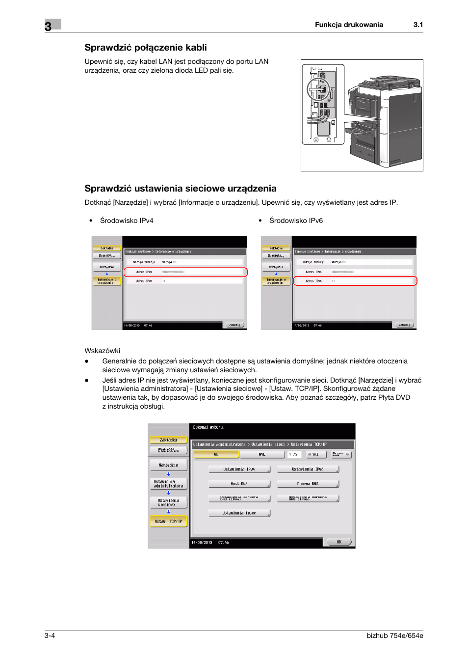 Sprawdzić połączenie kabli, Sprawdzić ustawienia sieciowe urządzenia | Konica Minolta bizhub 754e User Manual | Page 76 / 170