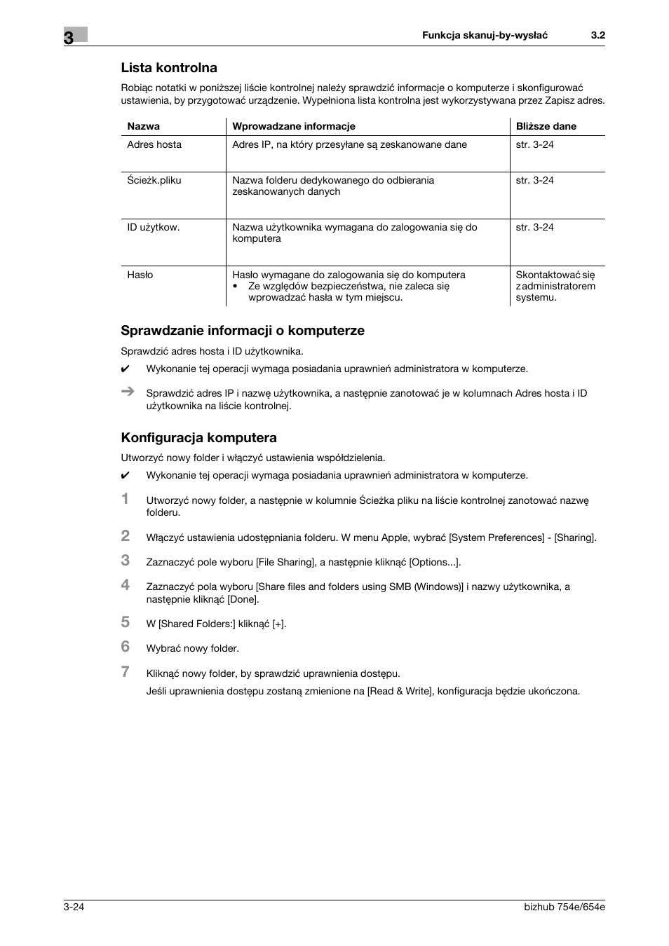 Lista kontrolna, Sprawdzanie informacji o komputerze, Konfiguracja komputera | Konica Minolta bizhub 754e User Manual | Page 96 / 170