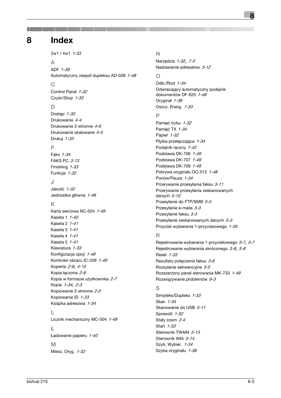 8 index, Index, 8index | Konica Minolta Bizhub 215 User Manual | Page 127 / 128