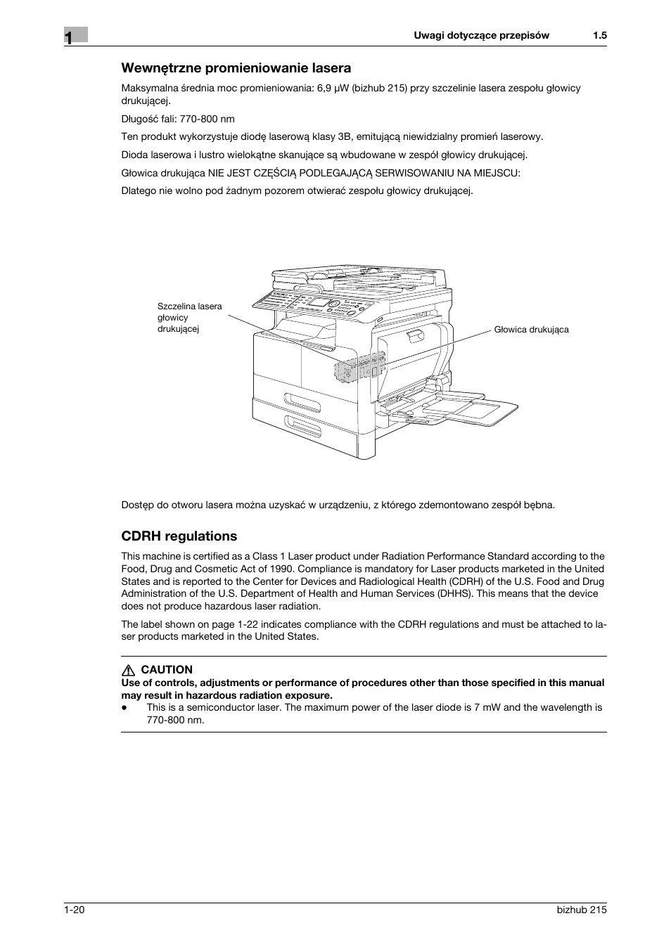 Wewnêtrzne promieniowanie lasera, Cdrh regulations, Wewnętrzne promieniowanie lasera | Konica Minolta Bizhub 215 User Manual | Page 26 / 128