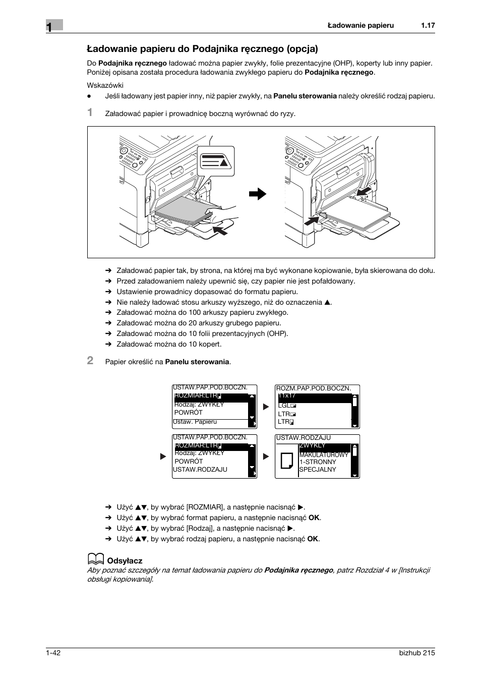 Adowanie papieru do podajnika rêcznego (opcja), Ładowanie papieru do podajnika ręcznego (opcja) | Konica Minolta Bizhub 215 User Manual | Page 48 / 128