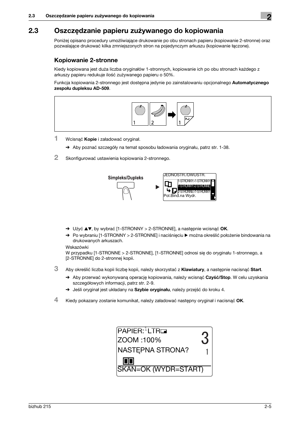 3 oszczêdzanie papieru zu¿ywanego do kopiowania, Kopiowanie 2-stronne, 3 oszczędzanie papieru zużywanego do kopiowania | Papier | Konica Minolta Bizhub 215 User Manual | Page 61 / 128