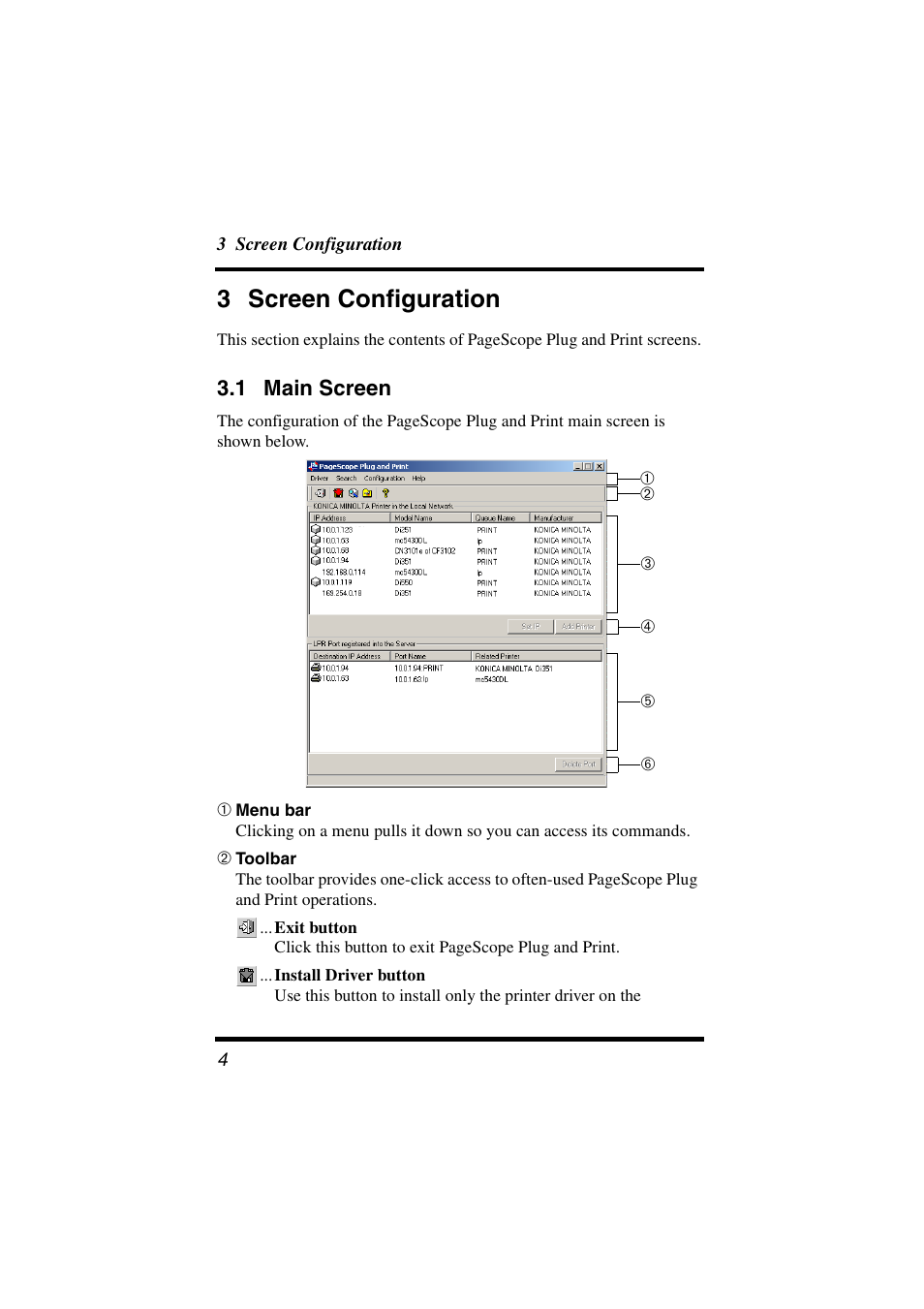 3 screen configuration, 1 main screen, Main screen | Konica Minolta BIZHUB C30P User Manual | Page 9 / 20