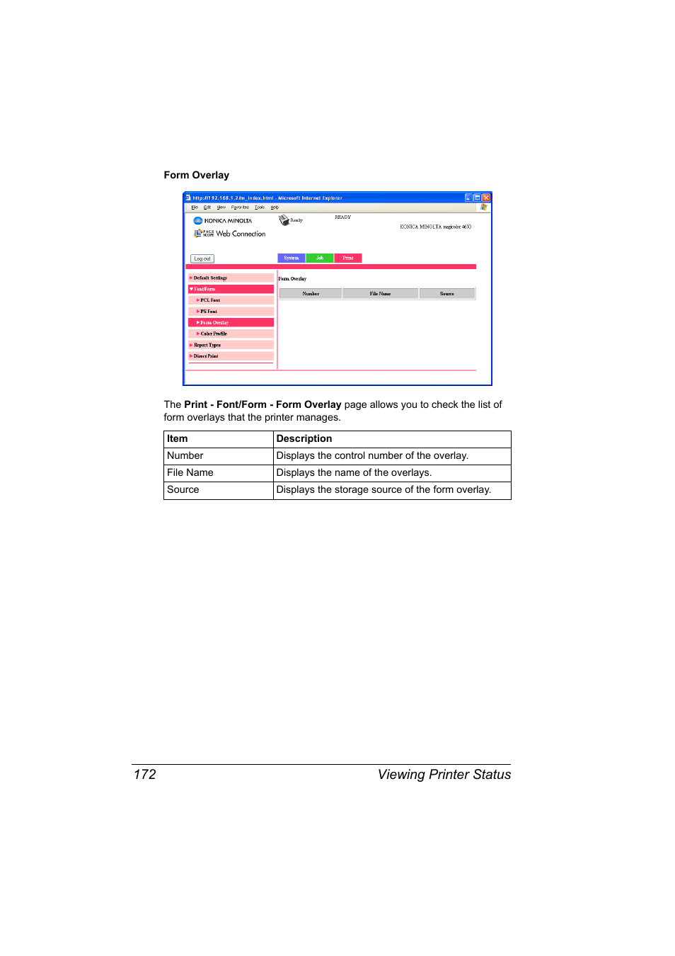 Viewing printer status 172 | Konica Minolta magicolor 4650EN User Manual | Page 190 / 334