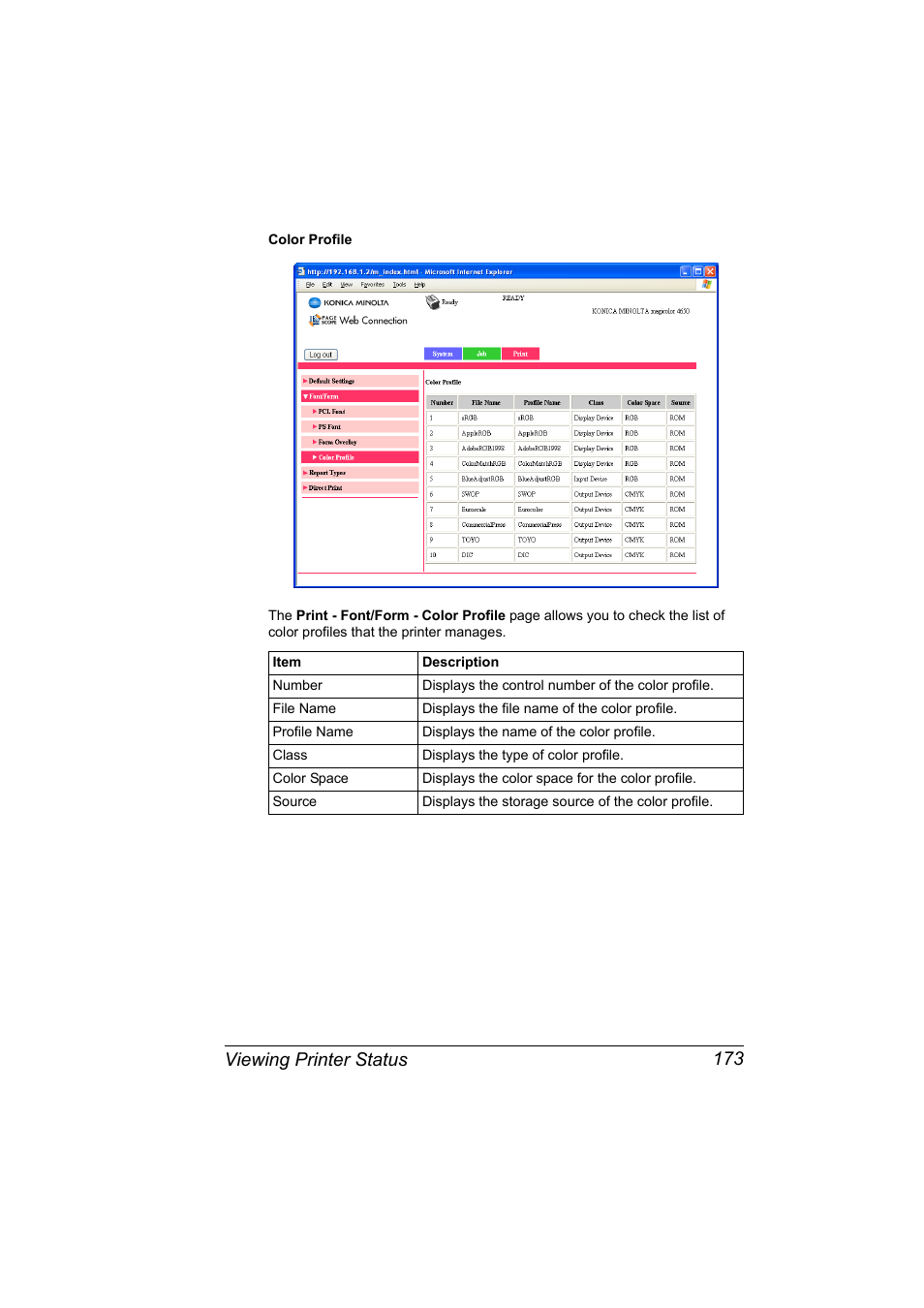 Viewing printer status 173 | Konica Minolta magicolor 4650EN User Manual | Page 191 / 334