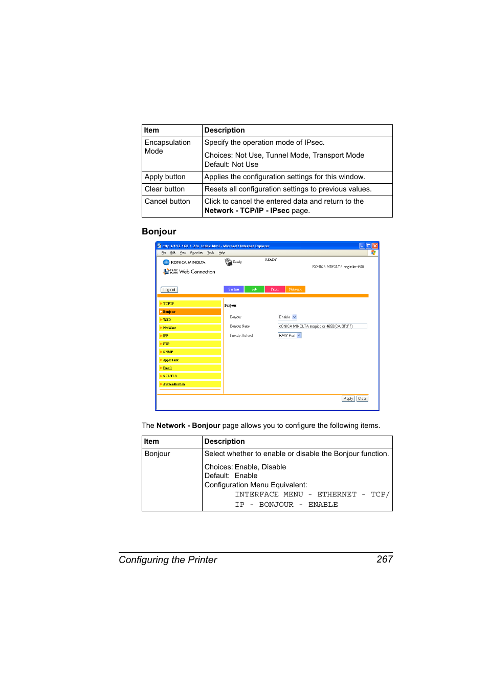 Bonjour, Bonjour 267, Configuring the printer 267 | Konica Minolta magicolor 4650EN User Manual | Page 285 / 334