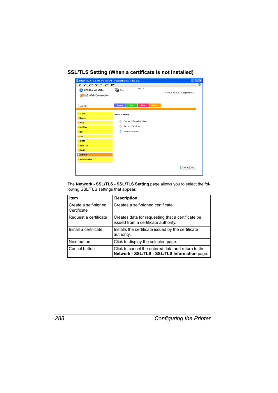 Configuring the printer 288 | Konica Minolta magicolor 4650EN User Manual | Page 306 / 334