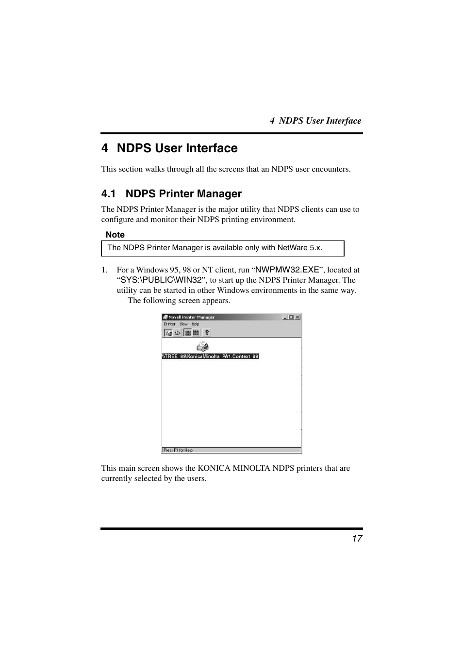 4 ndps user interface, 1 ndps printer manager | Konica Minolta BIZHUB C30P User Manual | Page 24 / 47