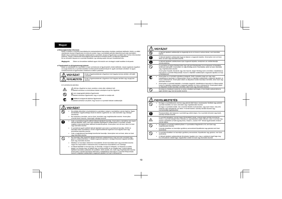 19 magyar, Vigyázat, Figyelmeztetés | Konica Minolta PagePro 5650EN User Manual | Page 18 / 46