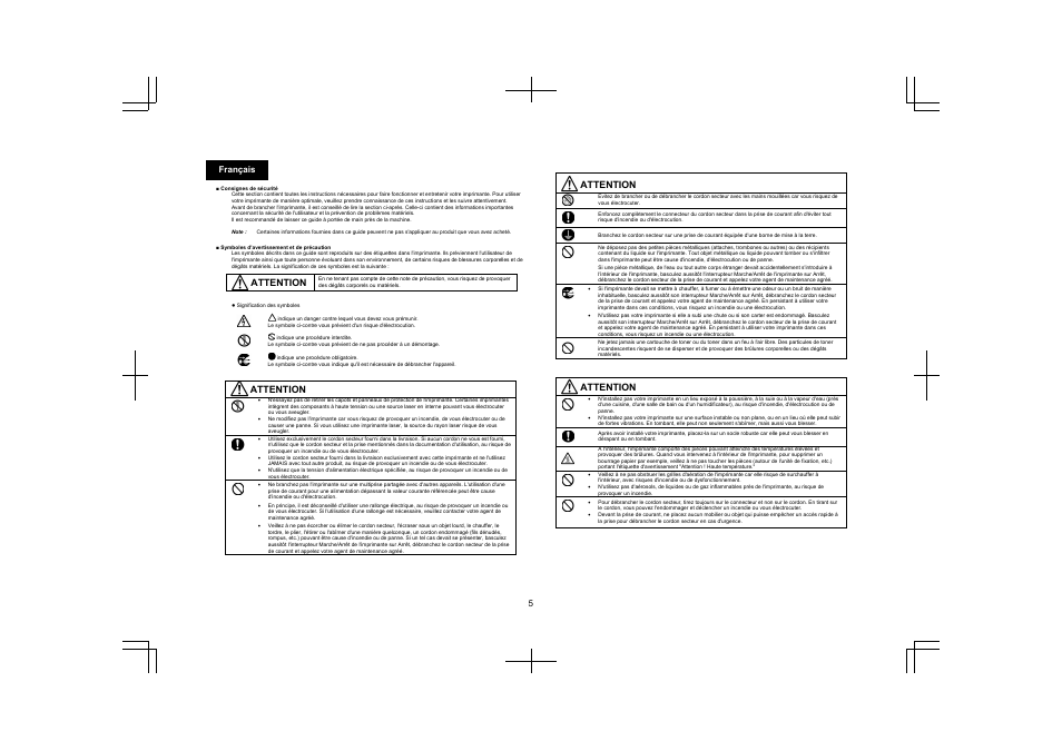 5 français, Attention | Konica Minolta PagePro 5650EN User Manual | Page 4 / 46
