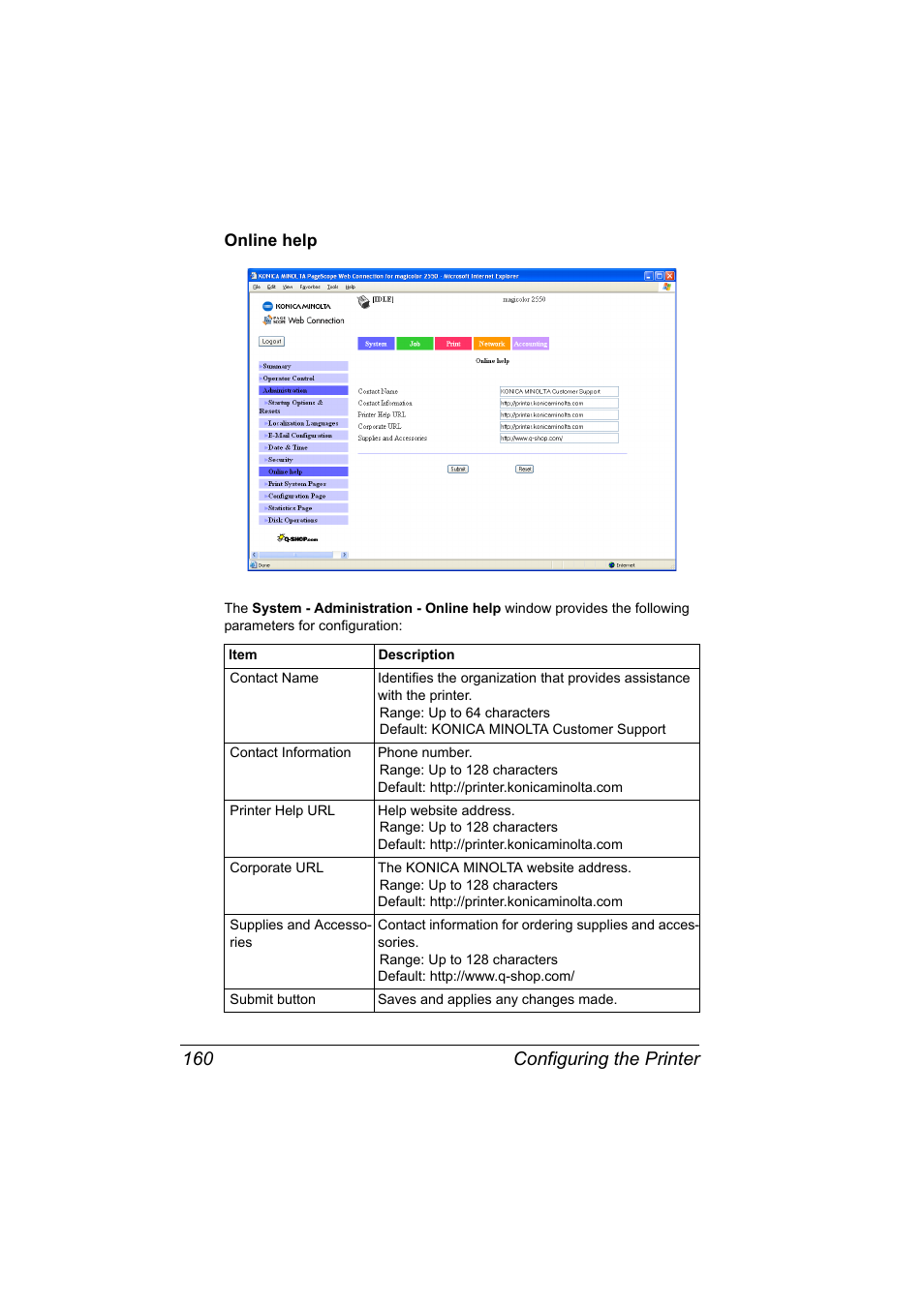 Online help, Online help 160, Configuring the printer 160 | Konica Minolta Magicolor 2550 User Manual | Page 176 / 230