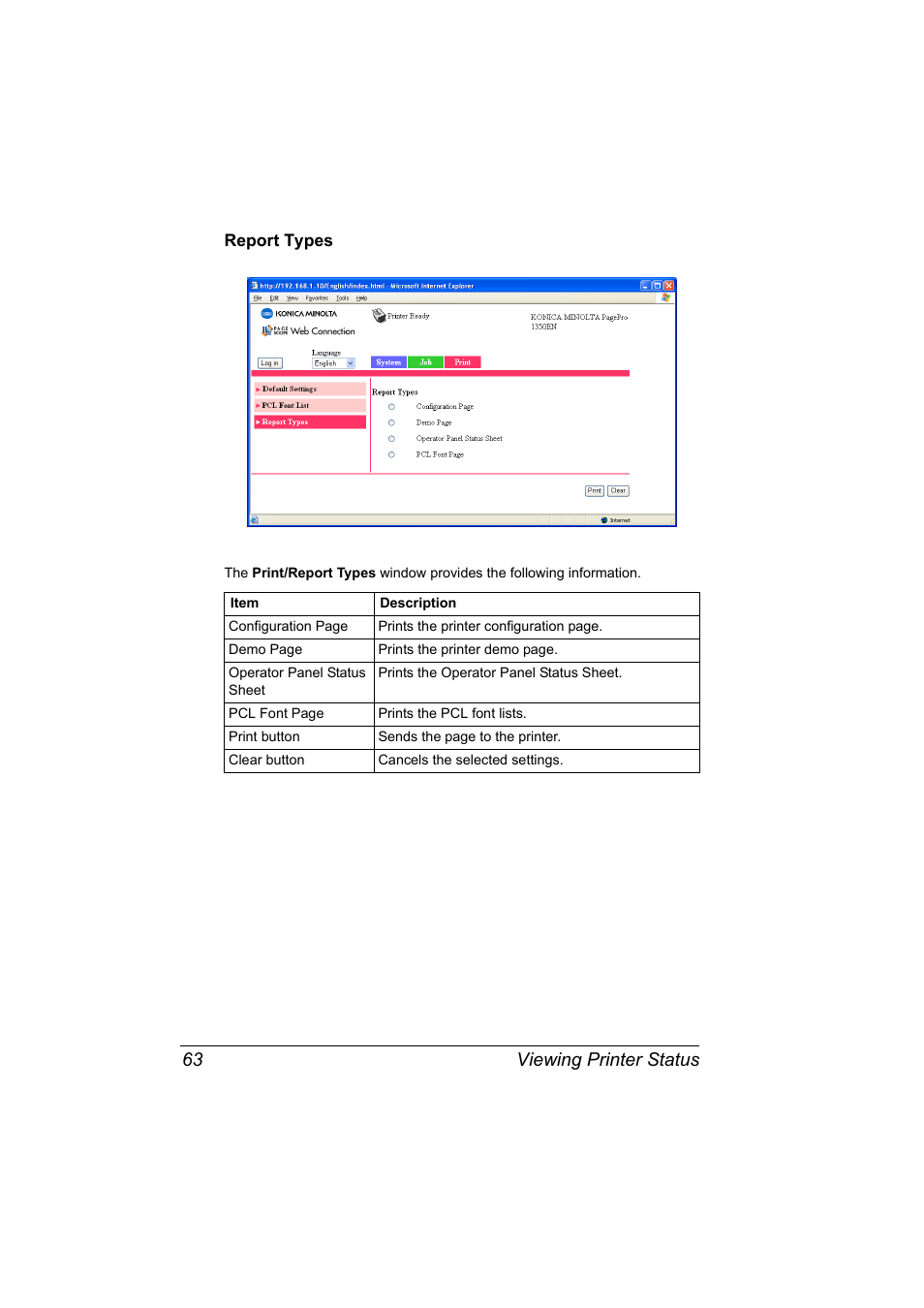 Report types, Report types 63, Viewing printer status 63 | Konica Minolta PagePro 1350EN User Manual | Page 70 / 112