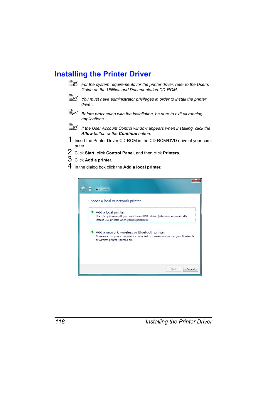 Installing the printer driver, Installing the printer driver 118 | Konica Minolta magicolor 5650EN User Manual | Page 138 / 430