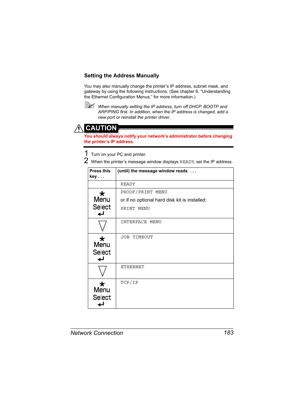 Setting the address manually, Setting the address manually 183, Caution | Konica Minolta magicolor 5650EN User Manual | Page 203 / 430
