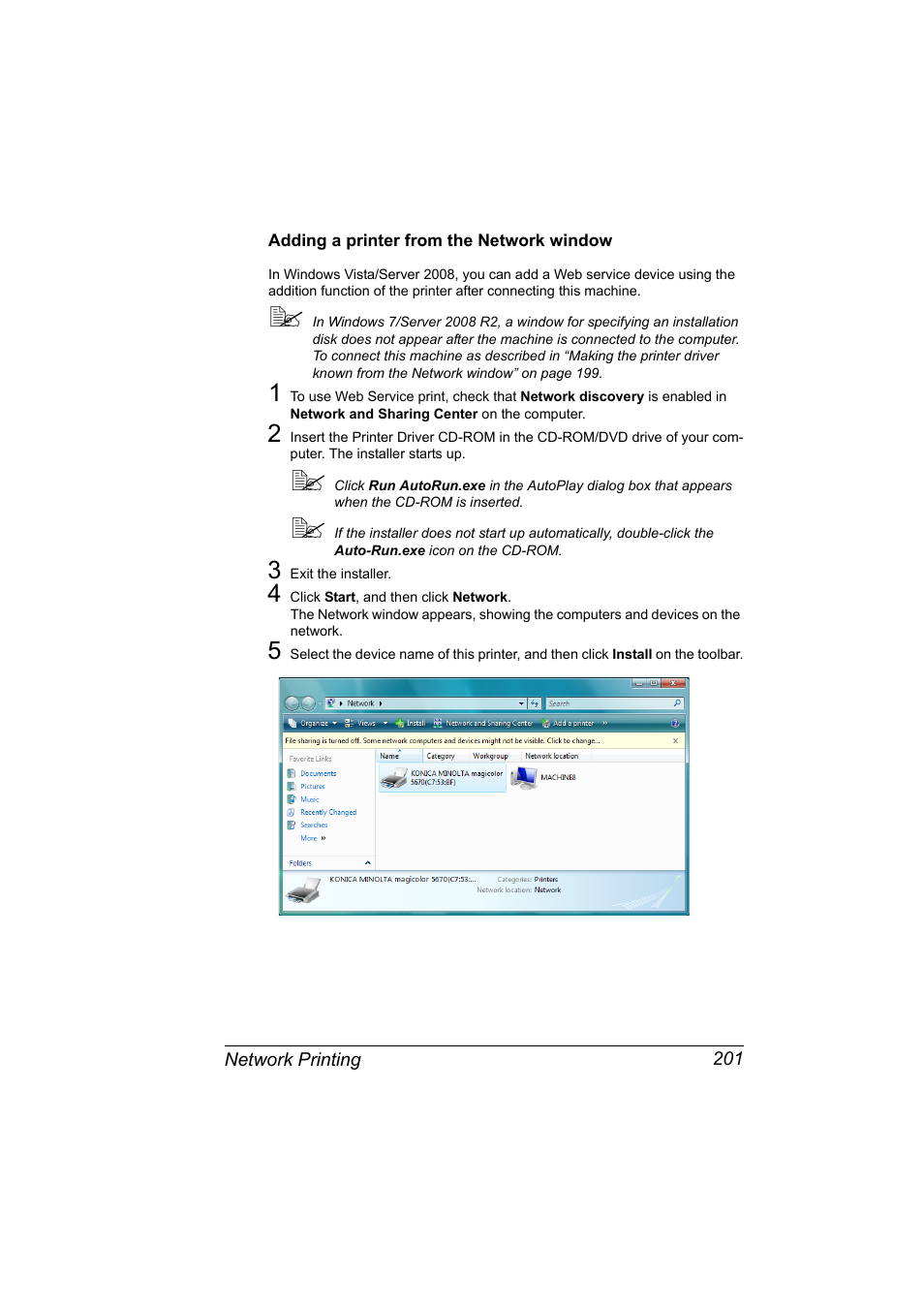 Adding a printer from the network window, Adding a printer from the network window 201 | Konica Minolta magicolor 5650EN User Manual | Page 221 / 430