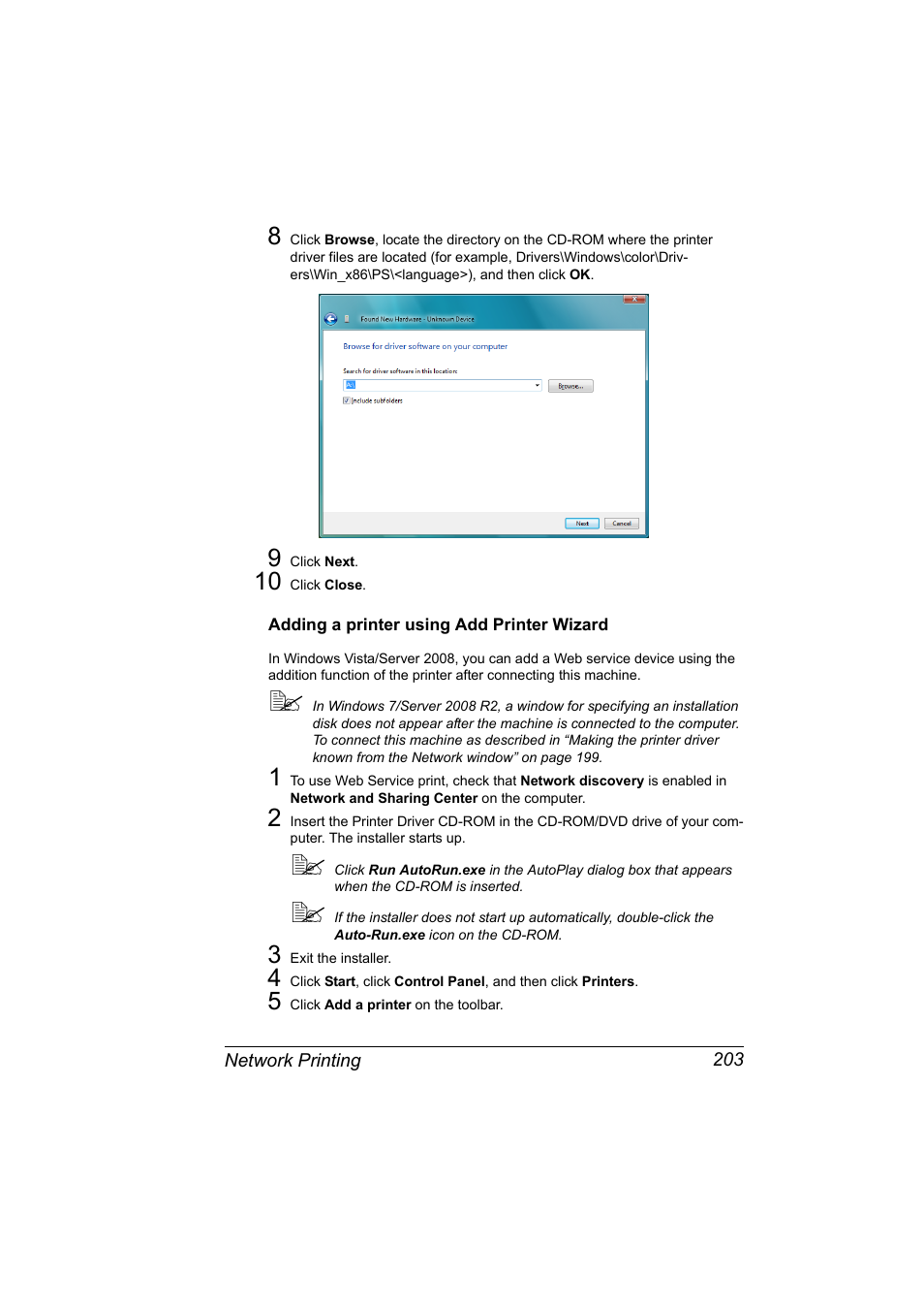 Adding a printer using add printer wizard, Adding a printer using add printer wizard 203 | Konica Minolta magicolor 5650EN User Manual | Page 223 / 430