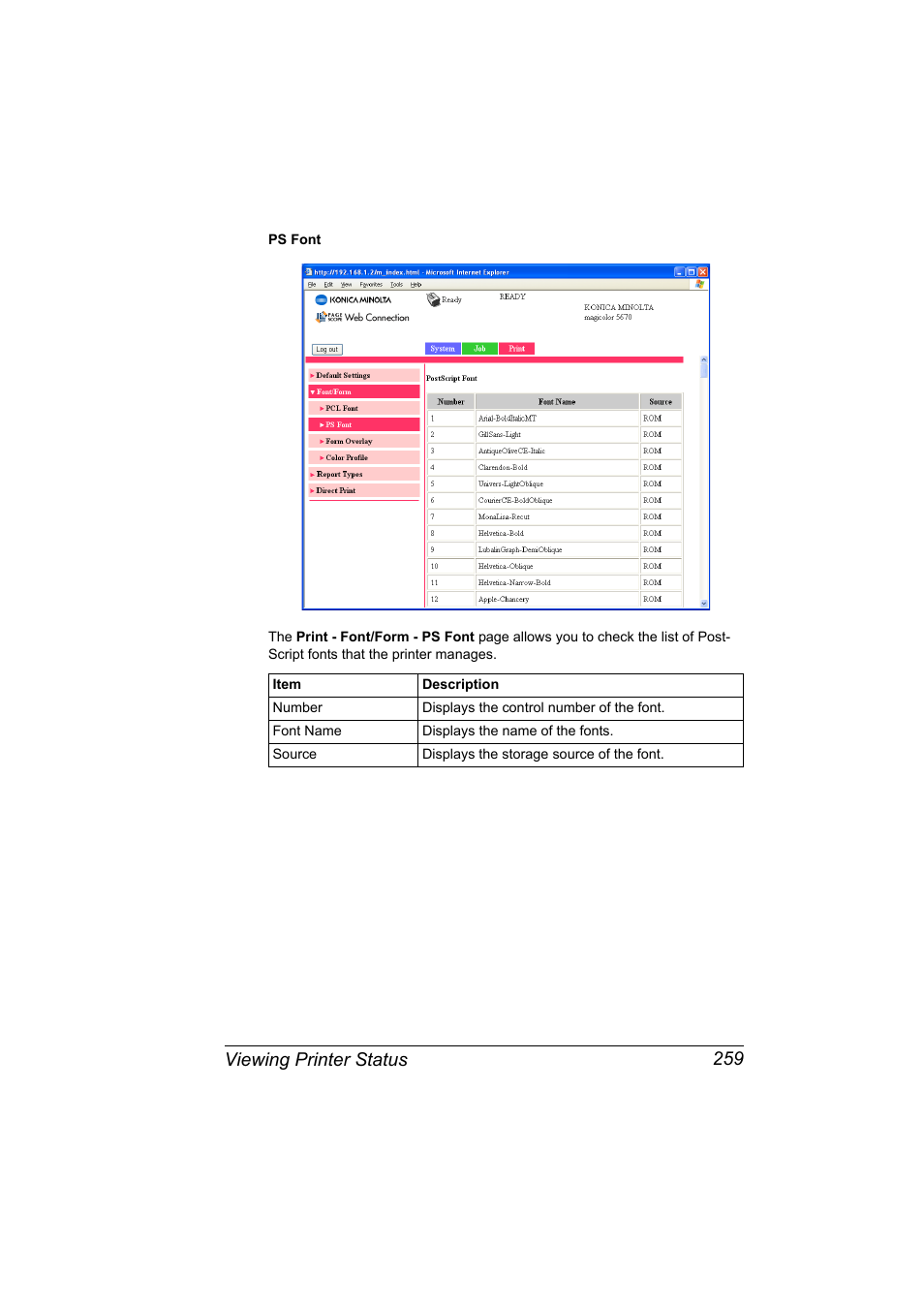 Viewing printer status 259 | Konica Minolta magicolor 5650EN User Manual | Page 279 / 430