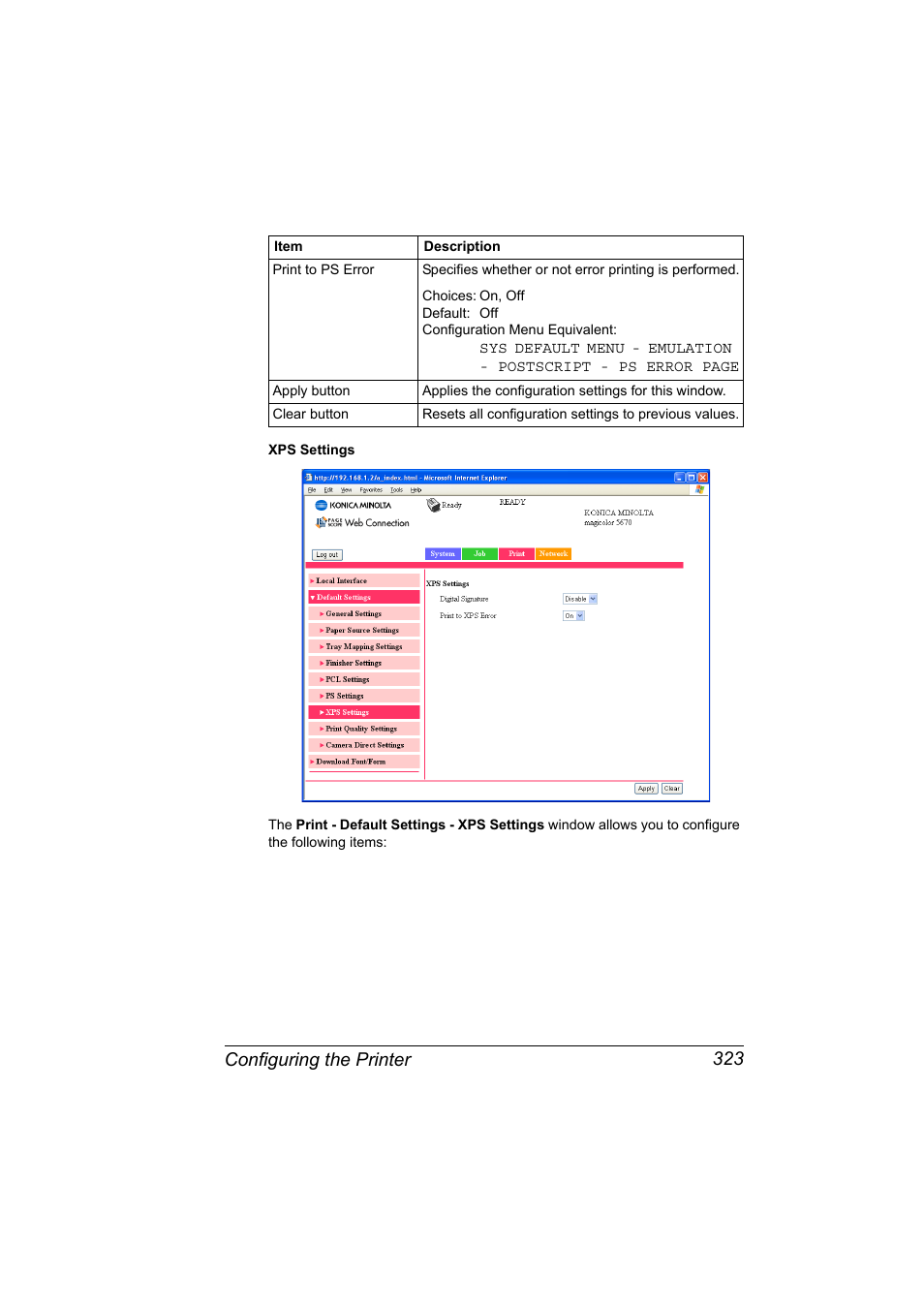 Configuring the printer 323 | Konica Minolta magicolor 5650EN User Manual | Page 343 / 430