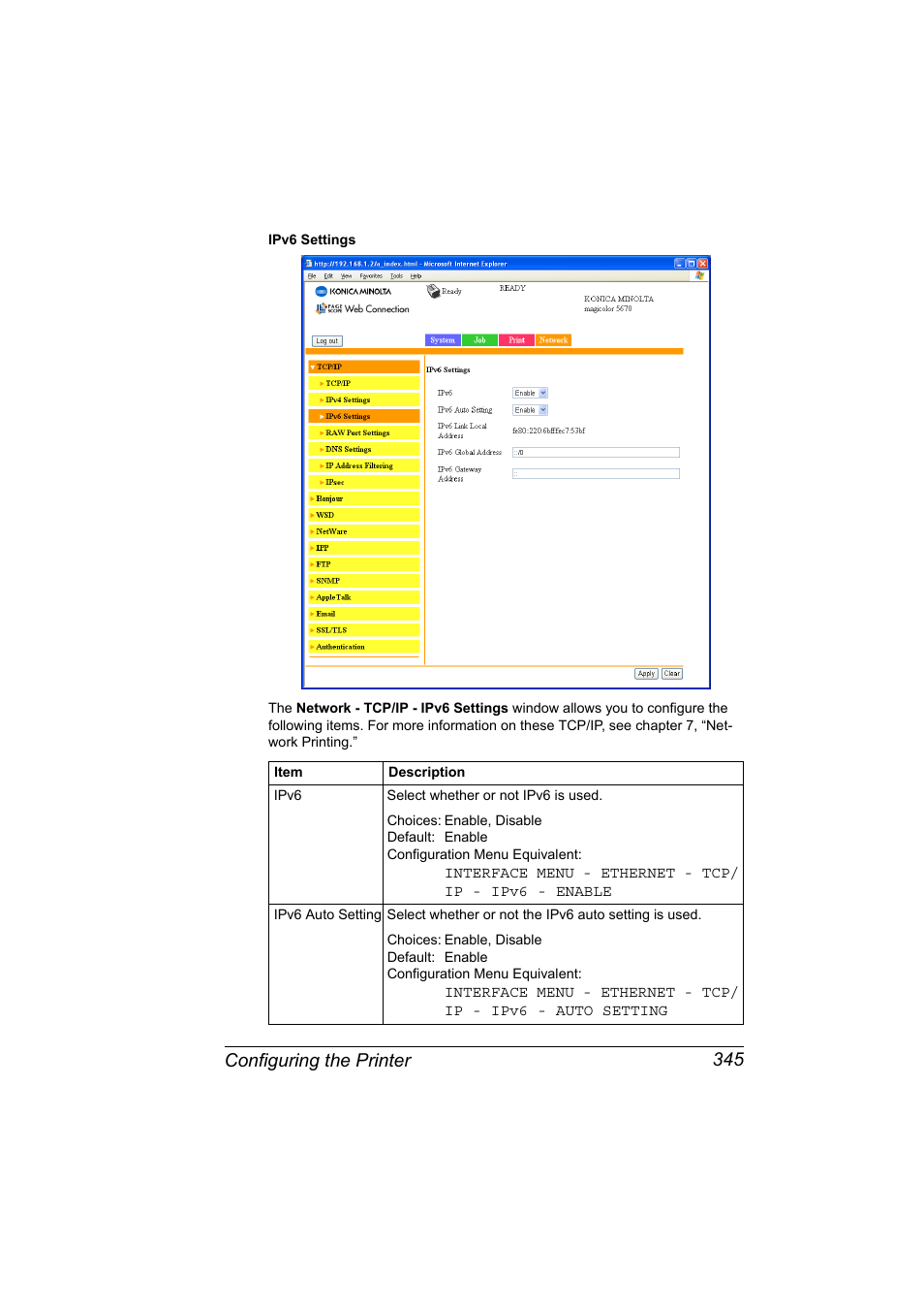 Configuring the printer 345 | Konica Minolta magicolor 5650EN User Manual | Page 365 / 430