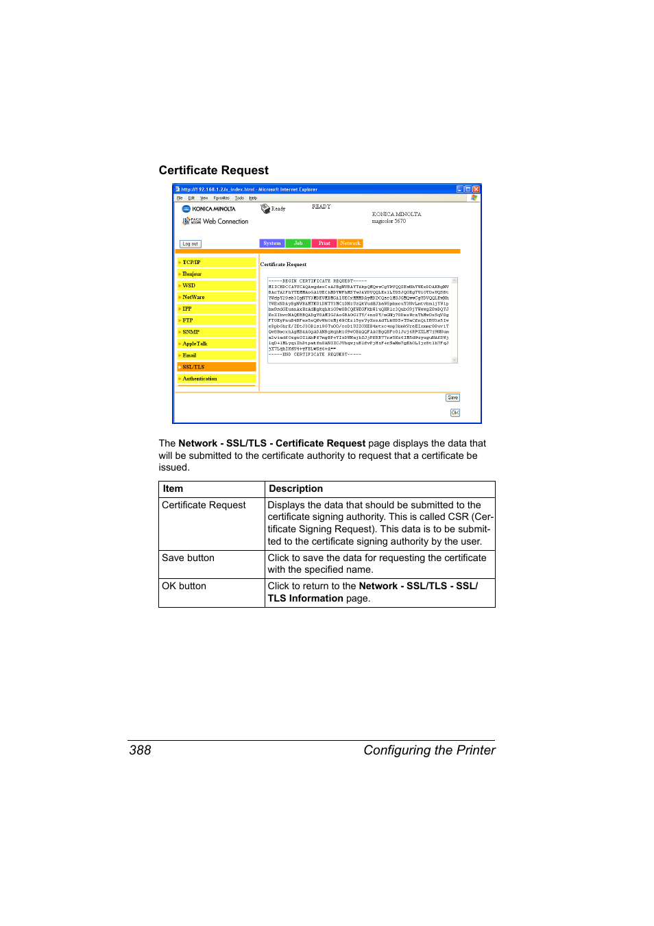 Certificate request, Certificate request 388, Configuring the printer 388 | Konica Minolta magicolor 5650EN User Manual | Page 408 / 430
