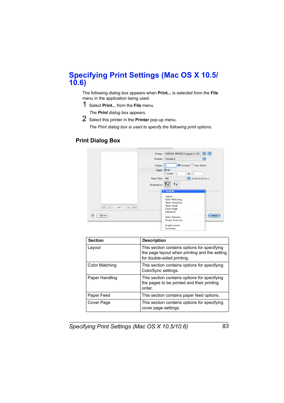 Specifying print settings (mac os x 10.5/10.6), Print dialog box, Specifying print settings (mac os x 10.5/10.6) 83 | Print dialog box 83 | Konica Minolta PagePro 5650EN User Manual | Page 101 / 394