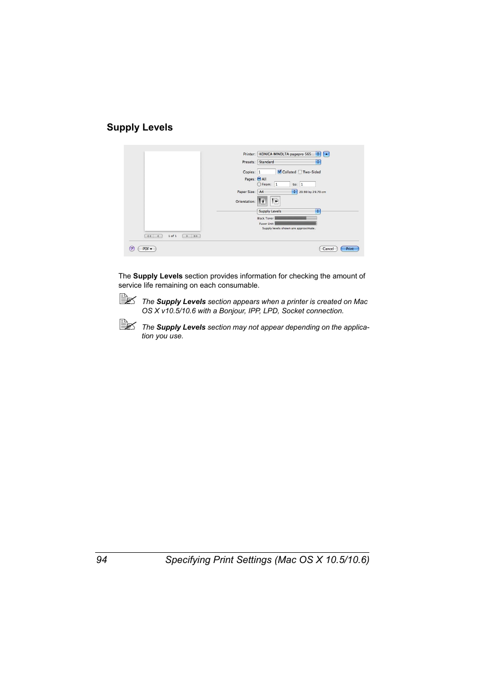 Supply levels, Supply levels 94 | Konica Minolta PagePro 5650EN User Manual | Page 112 / 394