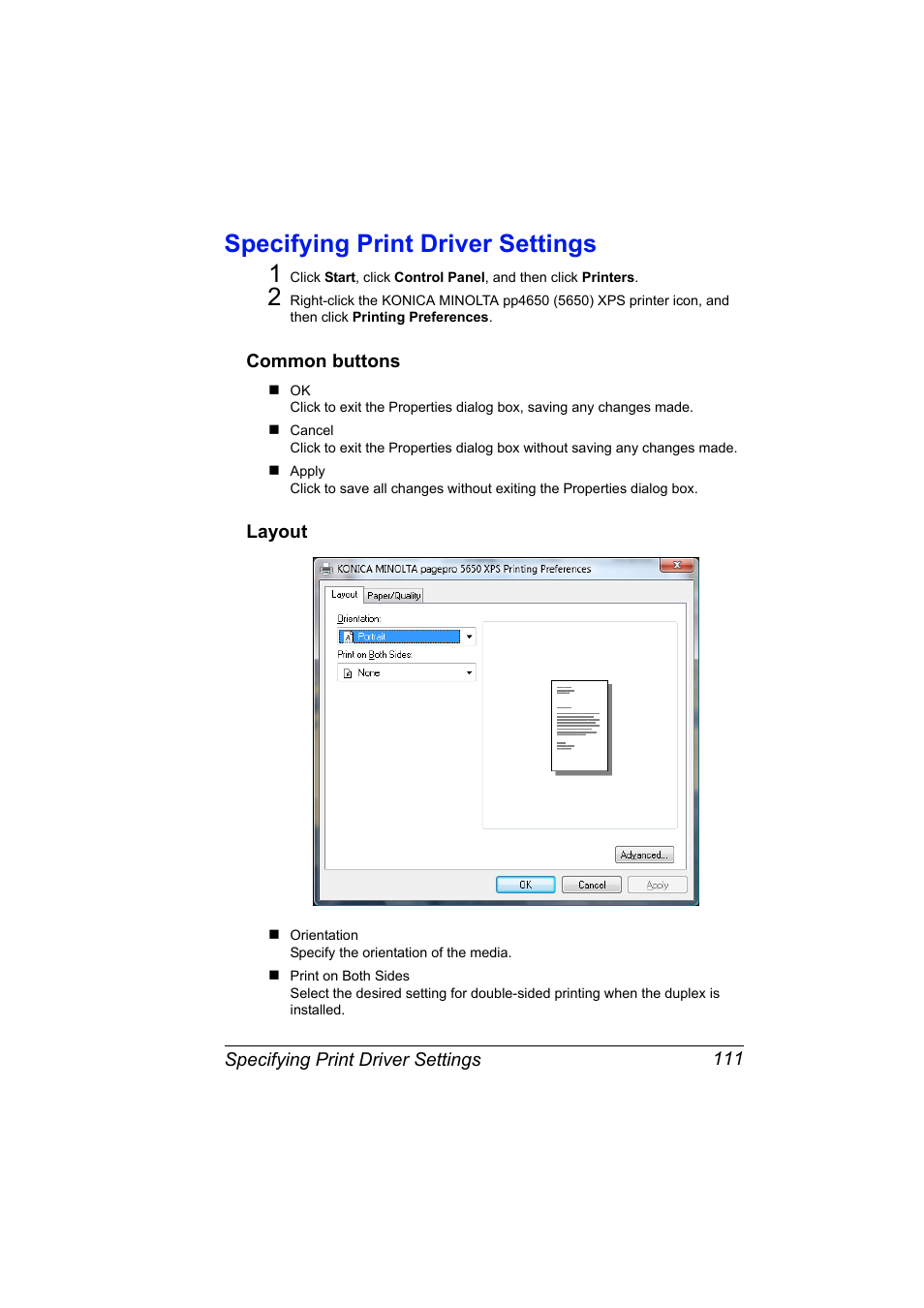 Specifying print driver settings, Common buttons, Layout | Specifying print driver settings 111, Common buttons 111 layout 111, Specifying print driver settings 1 | Konica Minolta PagePro 5650EN User Manual | Page 129 / 394