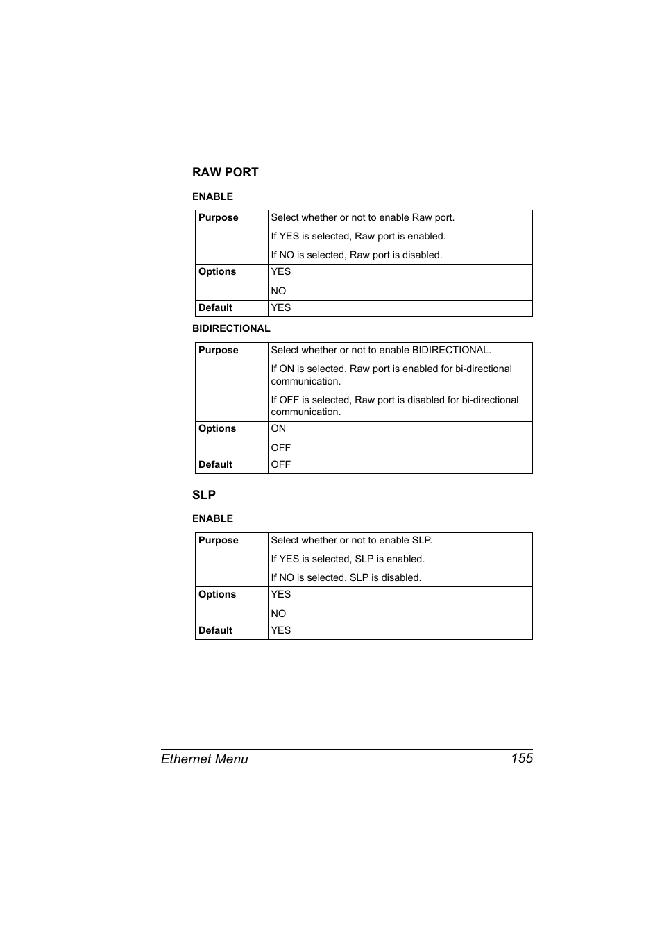 Raw port, Raw port 155 slp 155, Ethernet menu 155 | Konica Minolta PagePro 5650EN User Manual | Page 173 / 394