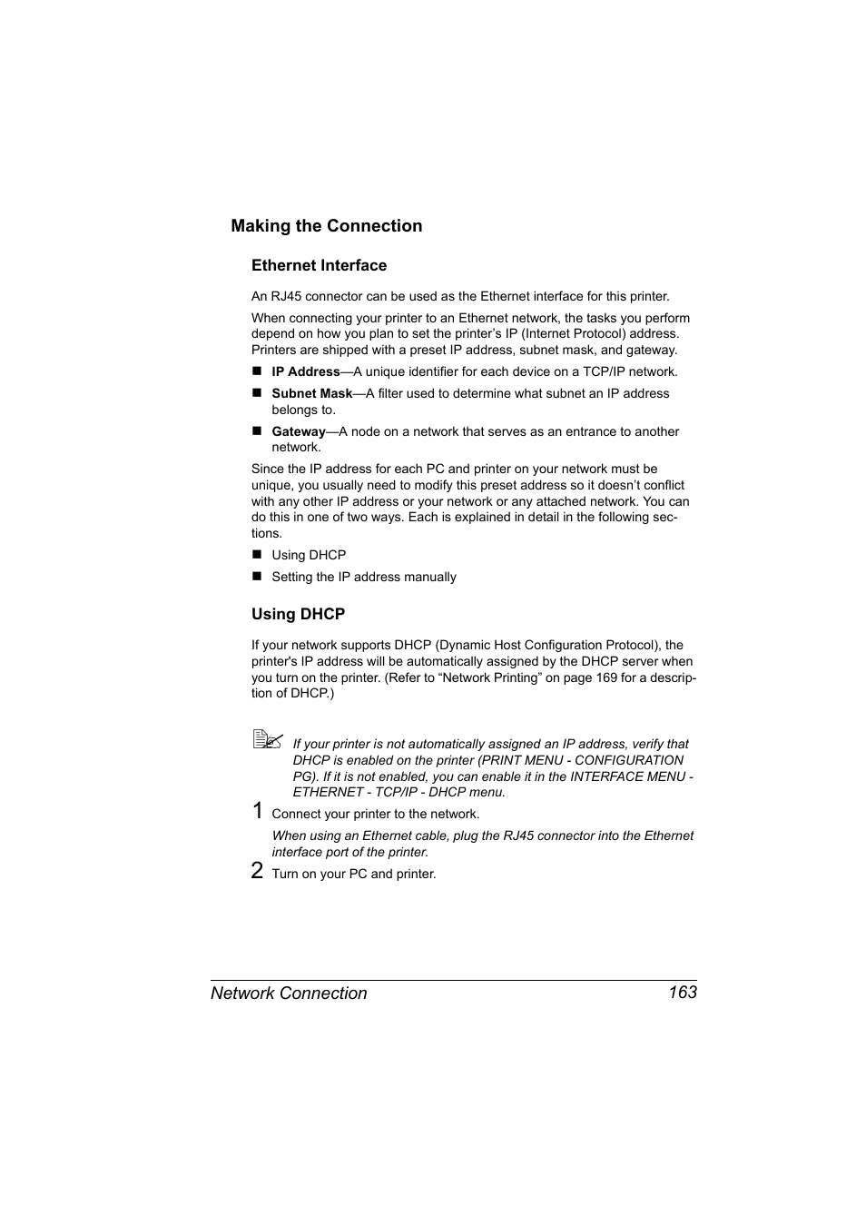 Making the connection, Ethernet interface, Using dhcp | Making the connection 163, Ethernet interface 163 using dhcp 163 | Konica Minolta PagePro 5650EN User Manual | Page 181 / 394