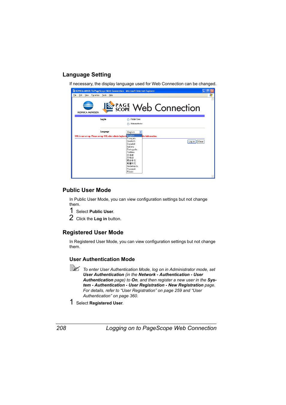 Language setting, Public user mode, Registered user mode | User authentication mode, User authentication mode 208 | Konica Minolta PagePro 5650EN User Manual | Page 226 / 394