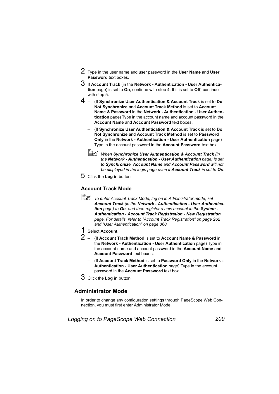 Account track mode, Administrator mode, Account track mode 209 | Administrator mode 209 | Konica Minolta PagePro 5650EN User Manual | Page 227 / 394