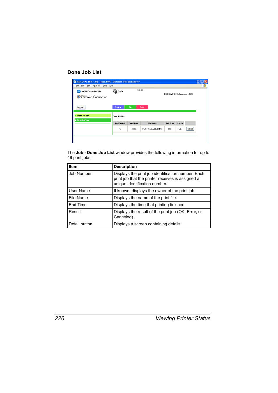 Done job list, Done job list 226, Viewing printer status 226 | Konica Minolta PagePro 5650EN User Manual | Page 244 / 394