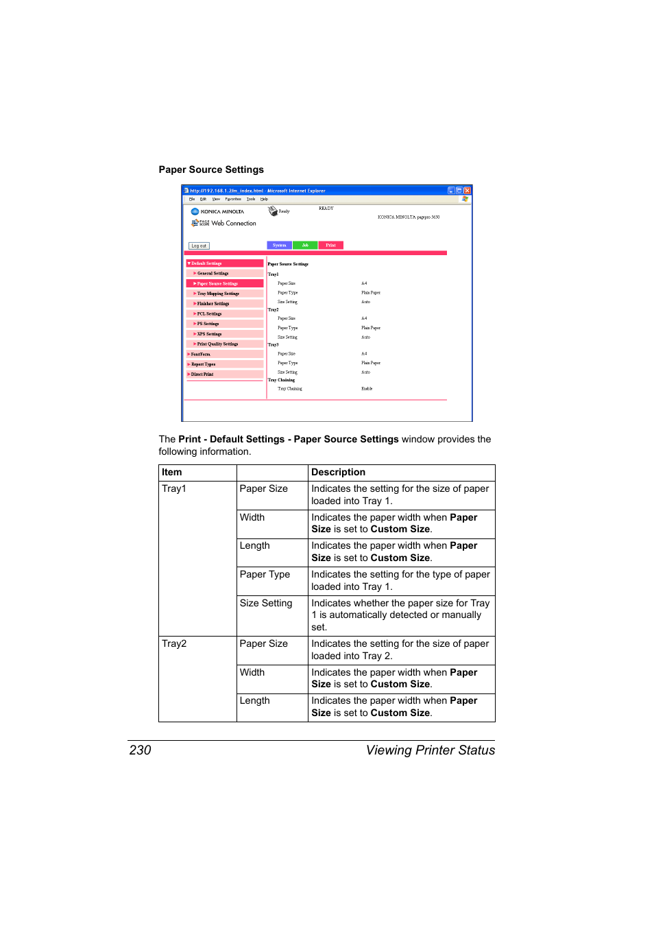 Viewing printer status 230 | Konica Minolta PagePro 5650EN User Manual | Page 248 / 394